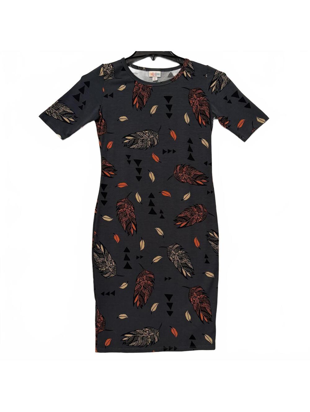 Lularoe Julia Dress Women's XS Gray Feather Triangle Orange Cream Stretch